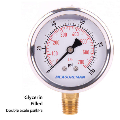 MEASUREMAN 2-1/2" Dial Size, Glycerin Filled Pressure Gauge, 0-100psi/kpa, 304 Stainless Steel Case, 1/4" NPT Lower Mount
