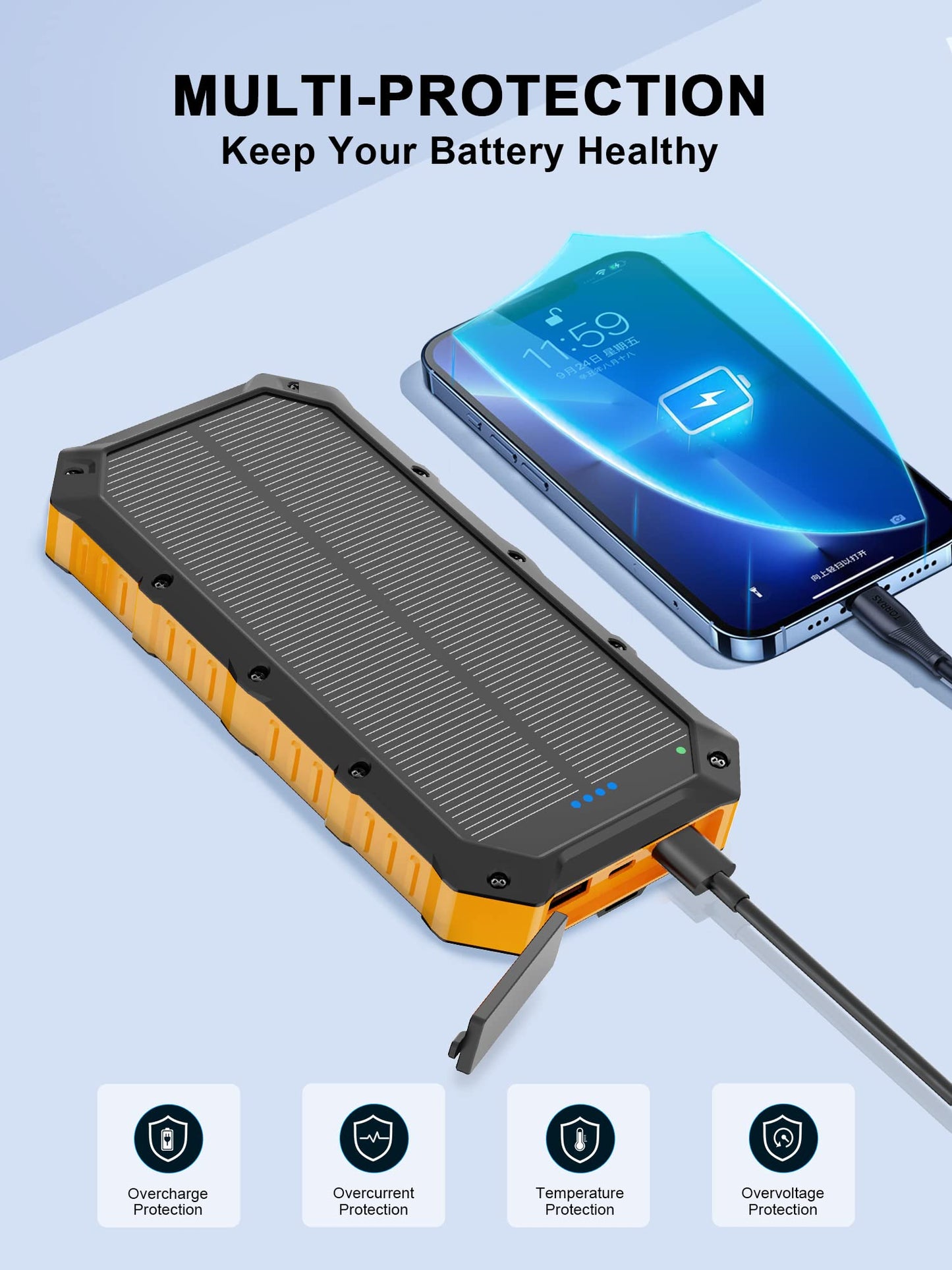 Solar-Power-Bank-Portable-Charger-42800mAh Solar Phone Charger with 4 USB Ports/LED Flashlight Fast Charge USB C External Backup Battery Pack Compatible with iPhone Tablet, for Outdoor, Camping