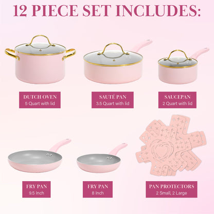 Paris Hilton Epic Nonstick Pots and Pans Set, Multi-layer Nonstick Coating, Tempered Glass Lids, Soft Touch, Stay Cool Handles, Made without PFOA, Dishwasher Safe Cookware Set, 12-Piece, Pink