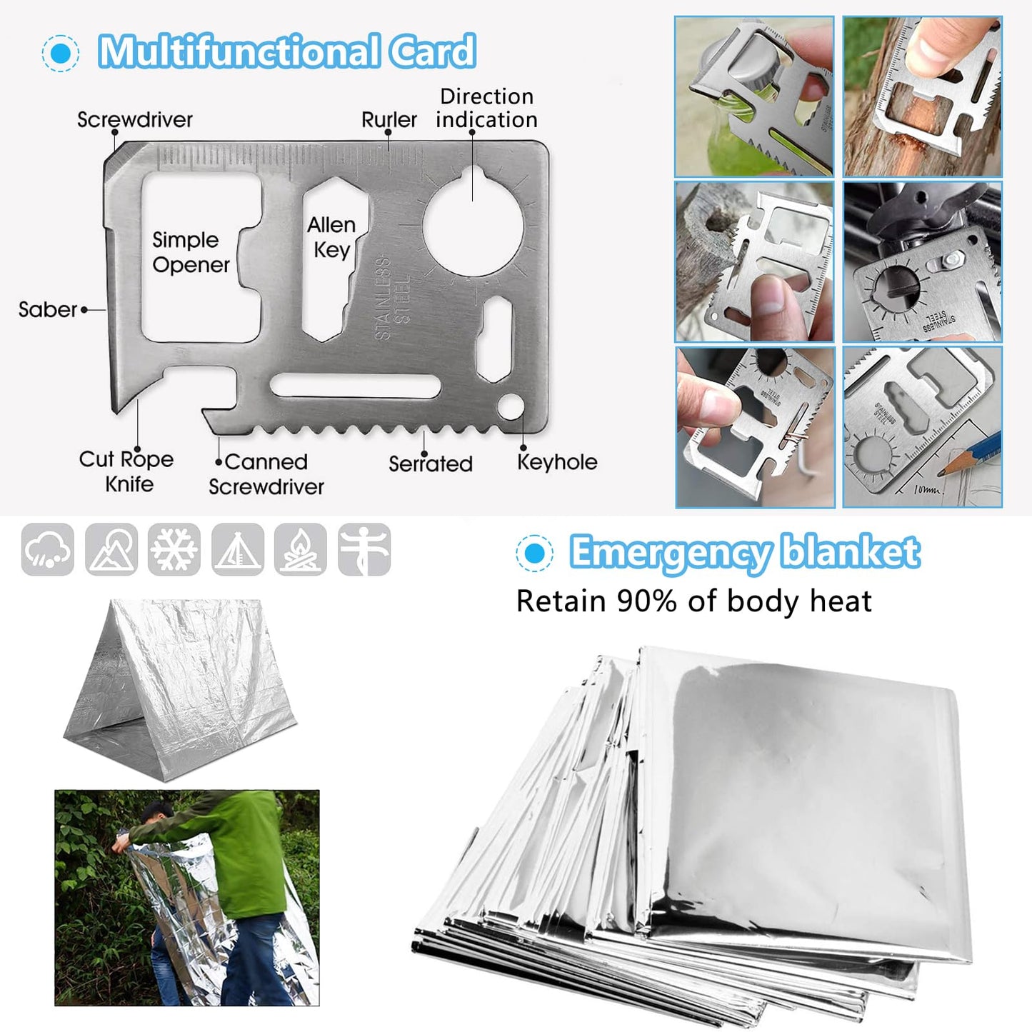 KEPEAK Survival Kit, Survival Gear and Equipment 13 in 1, Emergency Survival Tool Cool Gadgets for Outdoor Emergency Camping Hiking