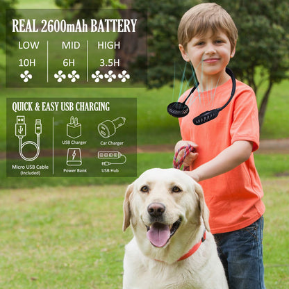 Neck Fan - 2600mAh Battery Operated Hands Free Fan, Portable Hang Around Neck Fans for Fishing, Camping, Hiking, Working, USB Powered, Over 12 Hours Cooling