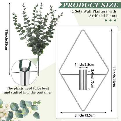 Jexine Hanging Planters with Artificial Eucalyptus Metal Hanging Vase Indoor Plants Holder Modern Geometric Boho Bathroom Wall Decor for Living Room Home Office(Chrome Sliver,4 Pcs)