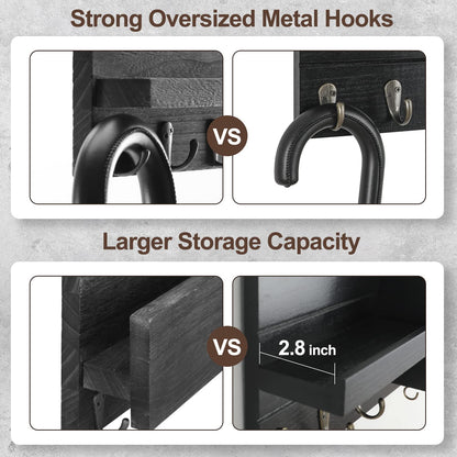 Lwenki Mail Organizer for Wall Mount – Key Holder with Shelf Includes Letter Holder and Hooks for Hallway Farmhouse Decor – Rustic Wood with Flush Mounting Hardware (16.5” x 9.1” x 3.4”) (Black)