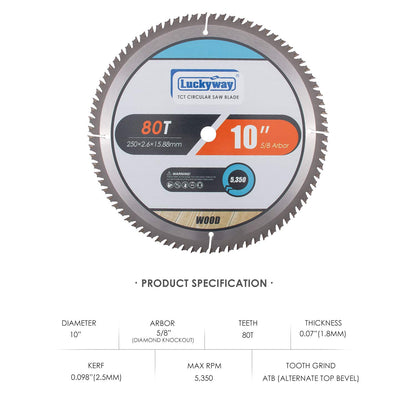 Luckyway 10 Inch Table Saw Blade, Miter Saw Blade 2-Pack, 80T Fine Finish Professional Woodworking with 5/8 Inch Arbor TCT Saw Blade for Table Saw and Miter Saw