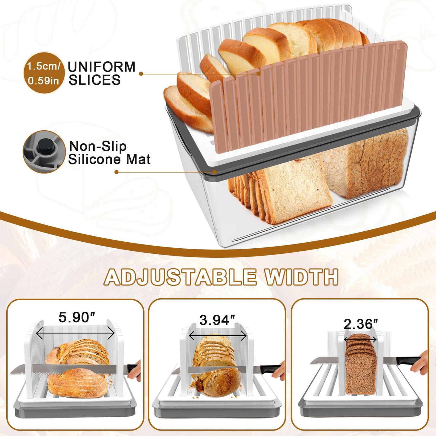 Kiss Core Upgrade Bread Slicer for Homemade Bread with Bread Box, Bread Slicing Guide Adjustable Width, Foldable and Compact Cutting Guide with Crumb Tray, Suitability for Homemade Bread, Bagels,Cakes