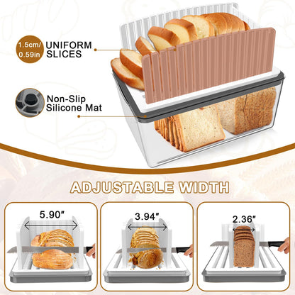 Kiss Core Upgrade Bread Slicer for Homemade Bread with Bread Box, Bread Slicing Guide Adjustable Width, Foldable and Compact Cutting Guide with Crumb Tray, Suitability for Homemade Bread, Bagels,Cakes