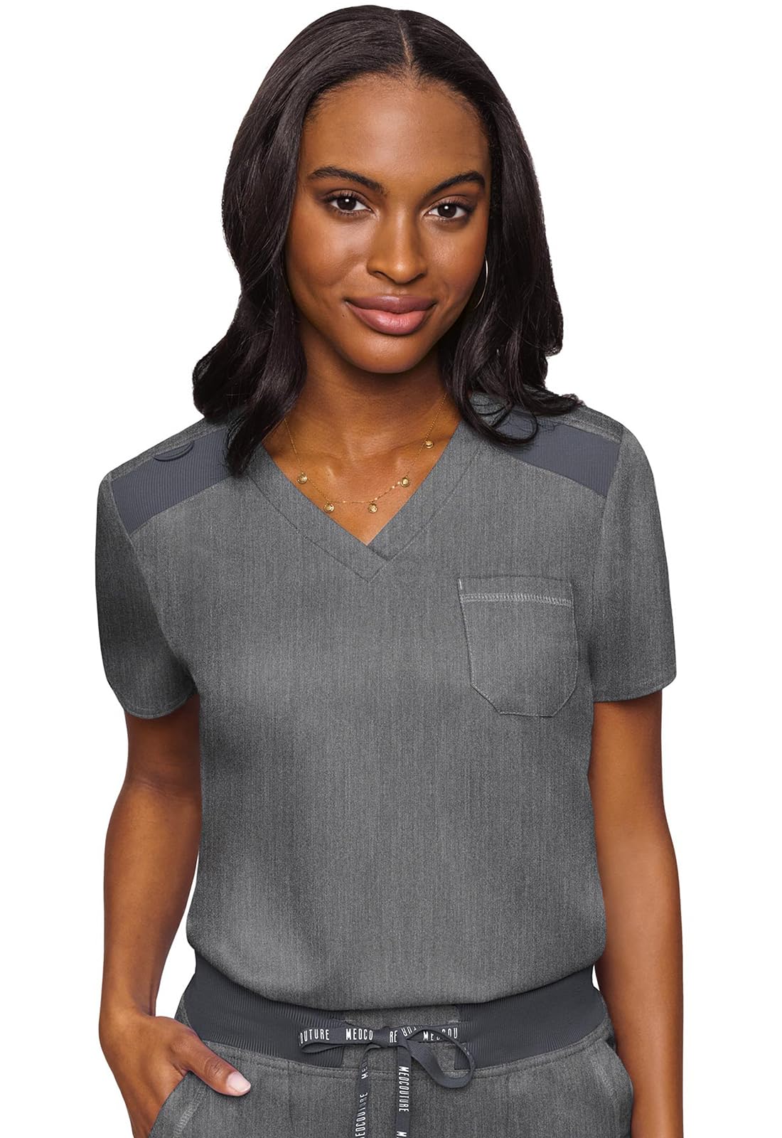 Med Couture Women's V-Neck Scrub Top, Modern Fit Tuck-in Top with Stretchy Rib-Knit Shoulders and Chest Pocket - MC7448, Slate, Medium