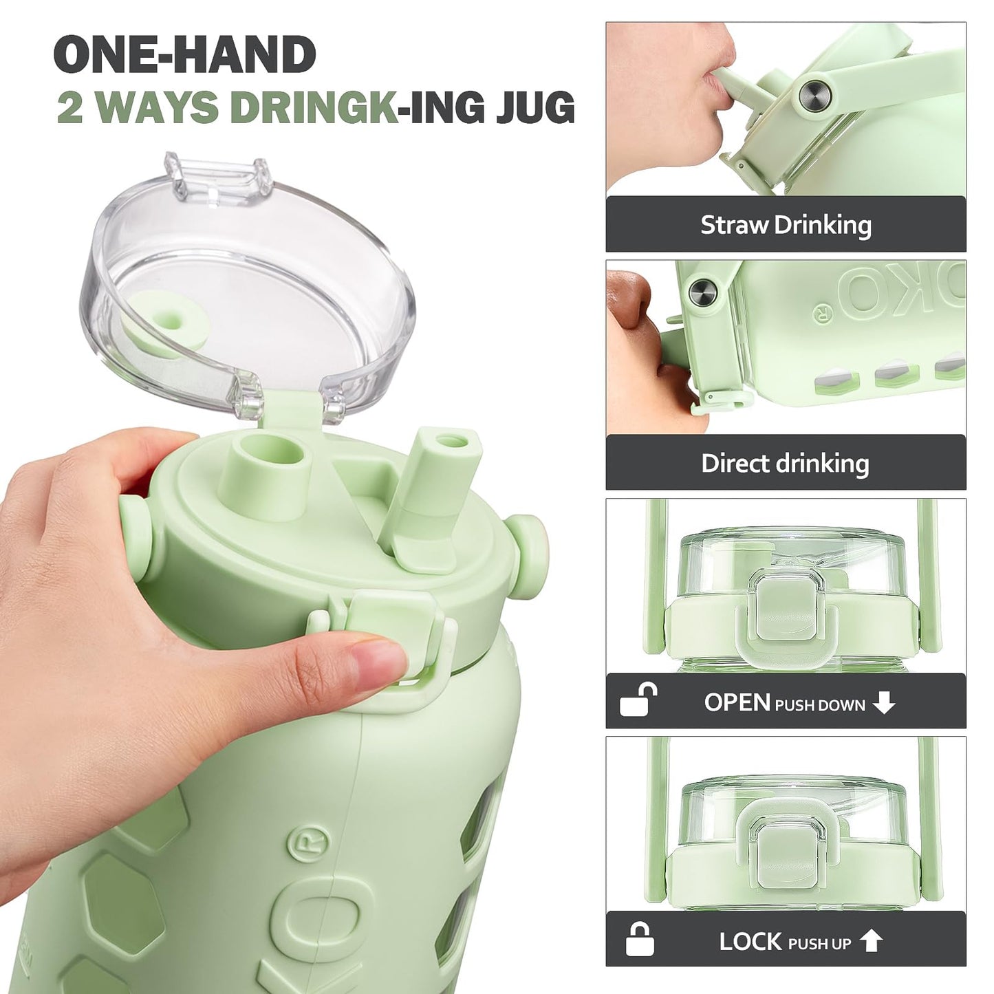 MUKOKO Half Gallon/64 oz Glass Water Bottles with Straw and Lid,Motivational Water Jug with Time Marker Reminder and Silicone Sleeve,100% Leakproof BPA Free Fitness Sports Large Bottle-Green