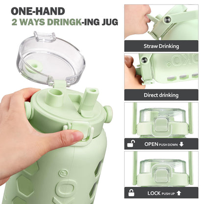 MUKOKO Half Gallon/64 oz Glass Water Bottles with Straw and Lid,Motivational Water Jug with Time Marker Reminder and Silicone Sleeve,100% Leakproof BPA Free Fitness Sports Large Bottle-Green