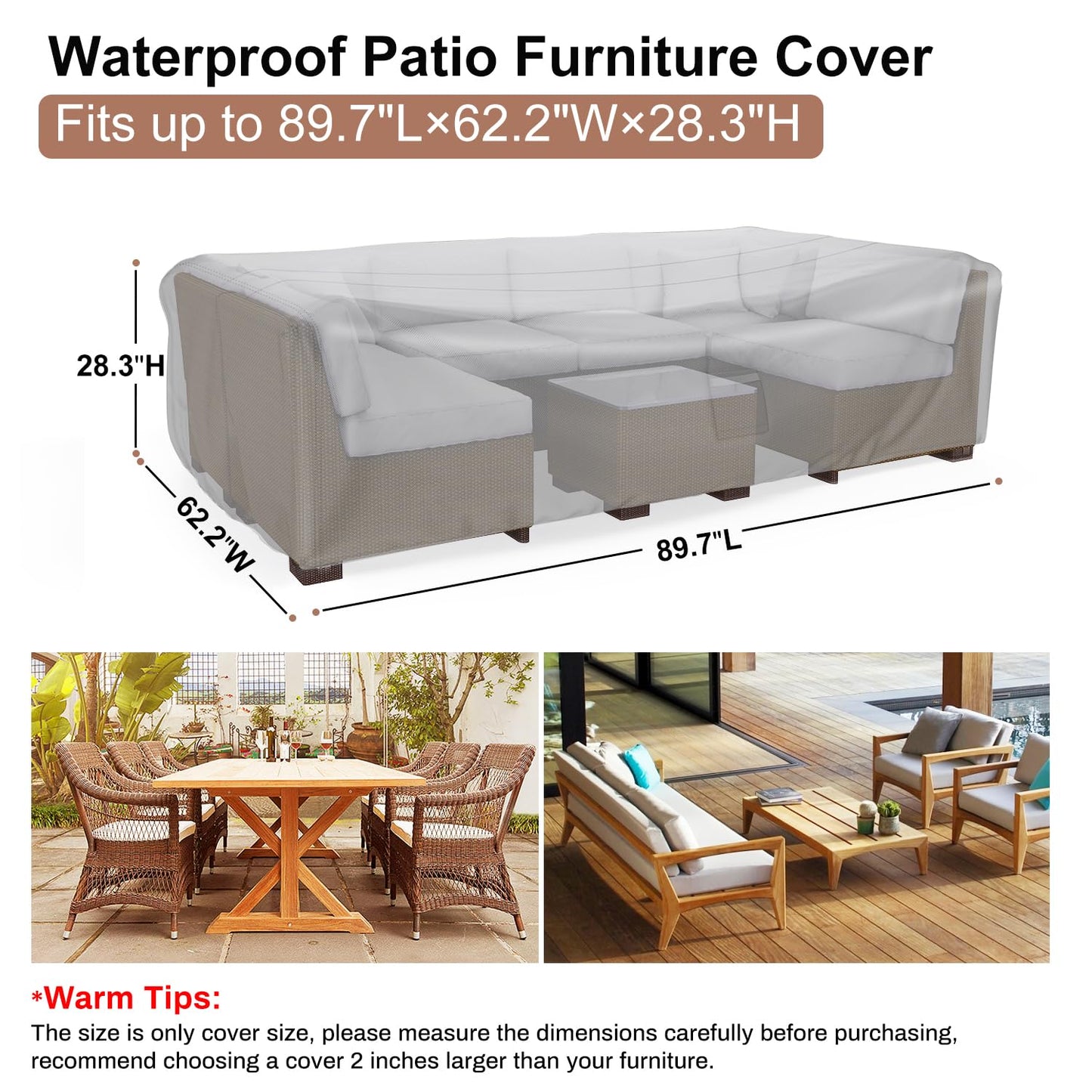 Heavy Duty Patio Furniture Covers Waterproof, Mrrihand Patio Furniture Outdoor Sectional Sofa Set , Patio Table and Chair Set Cover 89.7"L×62.2"W×28.3"H