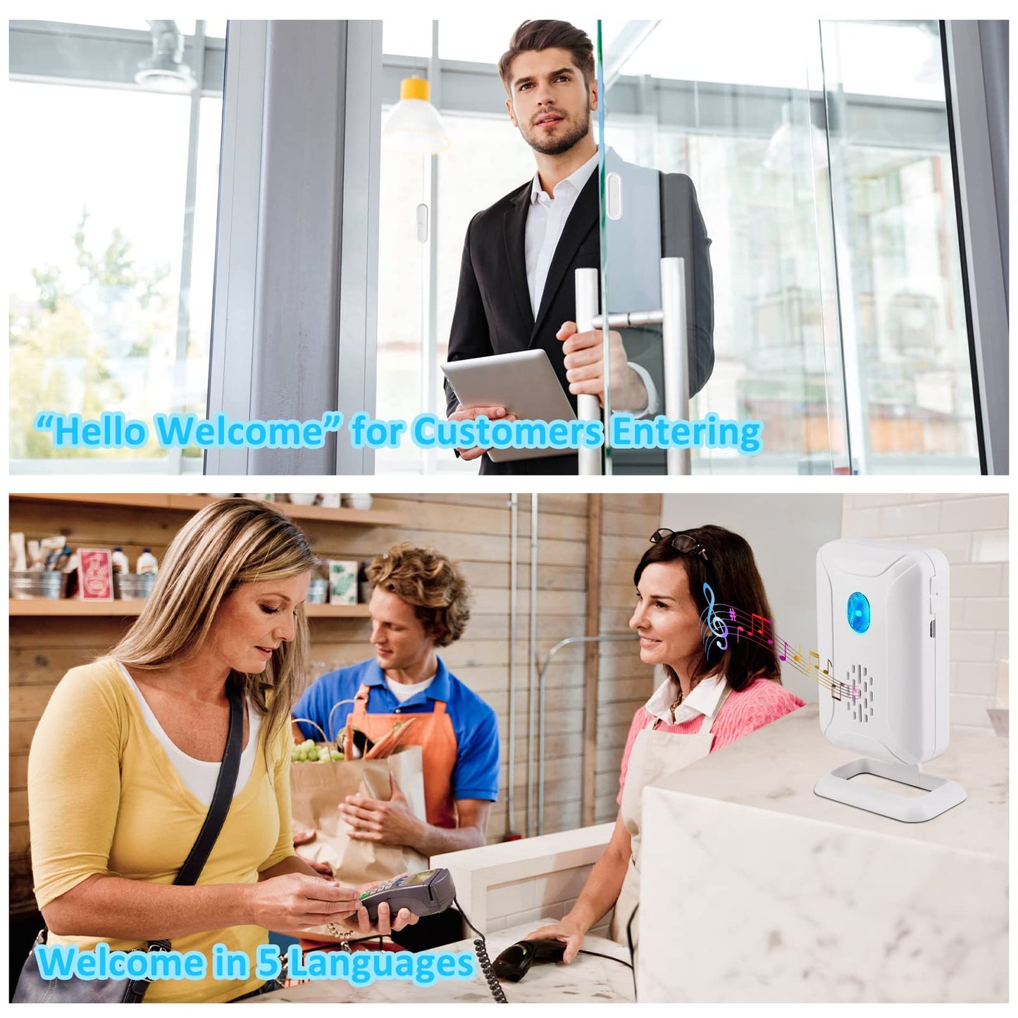 GREENCYCLE Door Chime, Wireless Door Open Chime, Door Open Contact Alarm Rechargeable, Door Sensor with Adjustable Volume, 600ft Range, 36 Chimes and Mute Mode LED Flashing, for Home/Office/Store