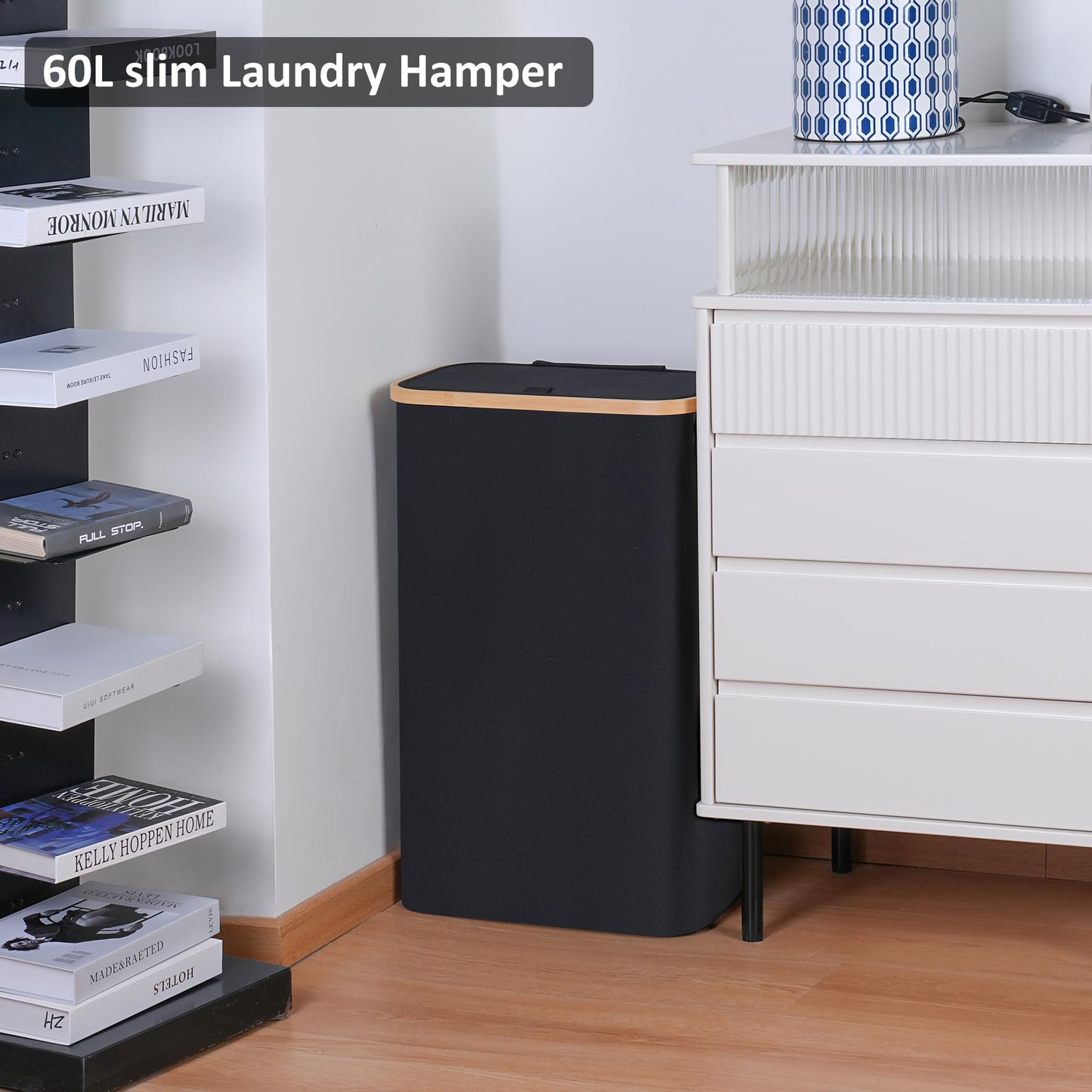 Merkisa 60L Slim Laundry Hamper,Laundry Basket with Lid,Tall Hamper for Laundry,Dirty Cloth Hamper with Bamboo Handle for Toys,Towels, Clothes Organizing,Black