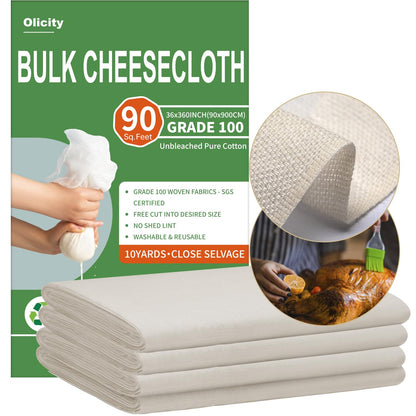 Olicity Cheese Cloth Roll,Grade 100,3x30Ft, 90 Sq Feet, Reusable Cheese Cloths with Closed Edges Fabric Fine Mesh Cloth, Unbleached Cotton Muslin Bulk Cheesecloth Roll for Straining, Crafts - 10 Yards