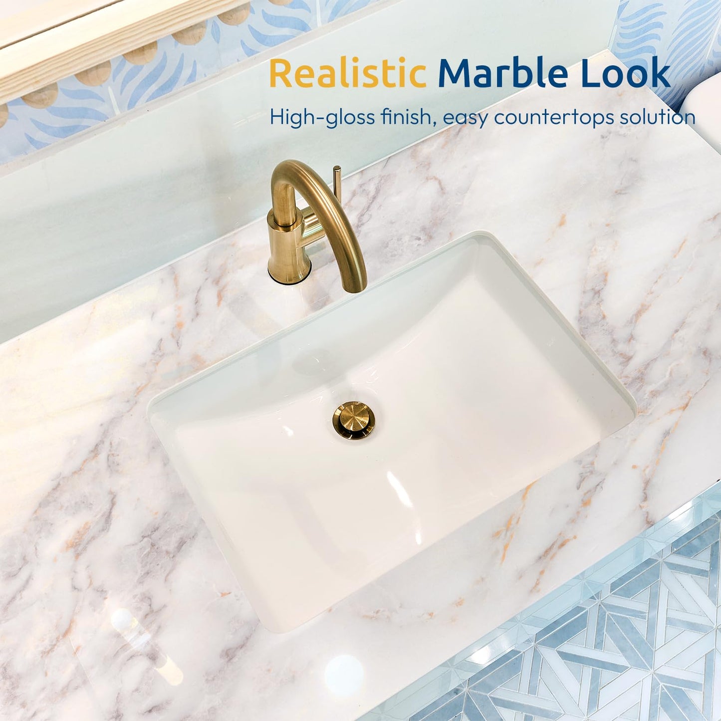 rabbitgoo Glossy Marble Contact Paper Peel and Stick Wallpaper 17.5" X 78.7" Countertop Furniture Waterpoof Self Adhesive Removable Cover for Kitchen Bathroom Cabinet Drawer Shelf Liner Vinyl Roll