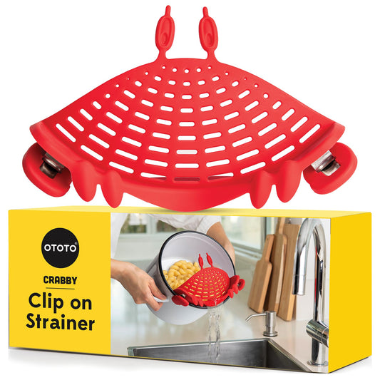 NEW Crabby Clip-On Strainer by OTOTO - Silicone and Stainless Steel Pasta Strainer, Funny Gifts, Cute Kitchen Accessories, Red Crab, Cool Kitchen Gadgets