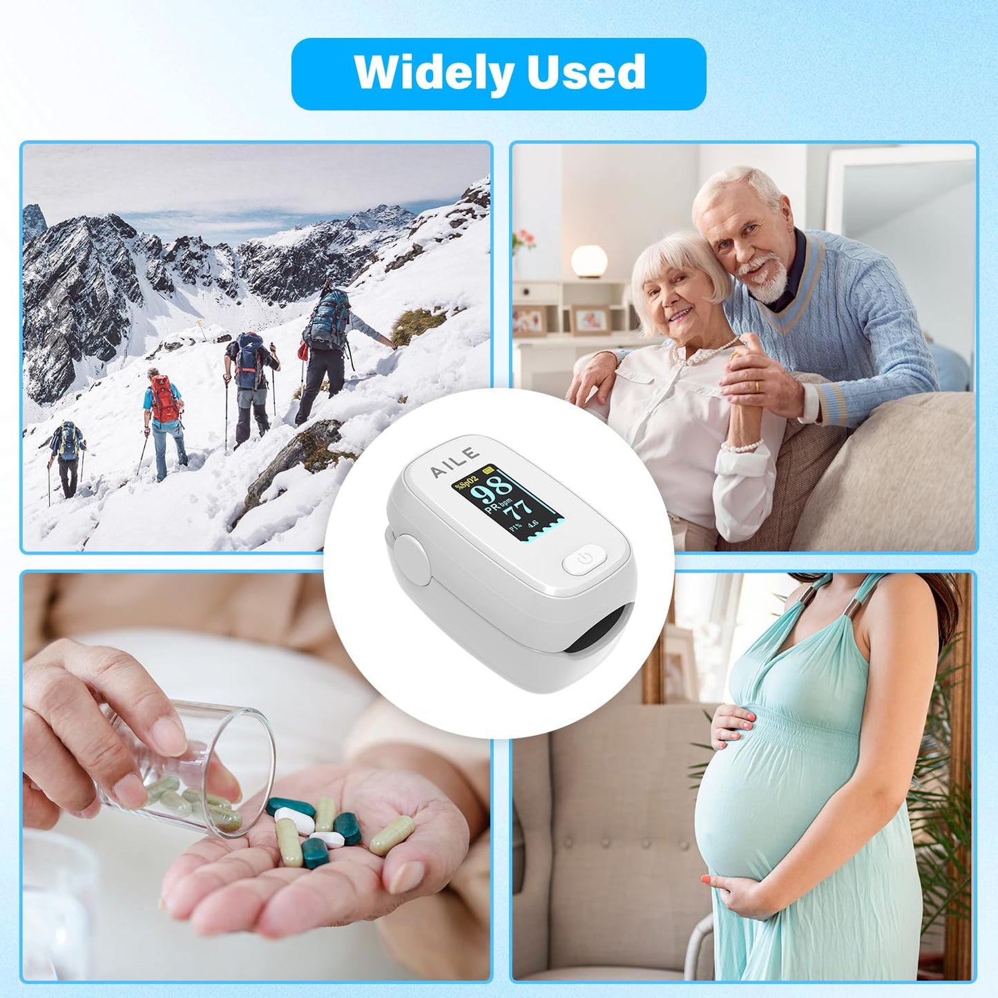 Pulse Oximeter with Fingertip Oxygen Meter : AILE Compact Fingertip Pulse Oximeter - Blood Oxygen/Heart Rate Monitor - 4 Color Screen Display - Including 2AAA Batteries for Athletic & Home (White)