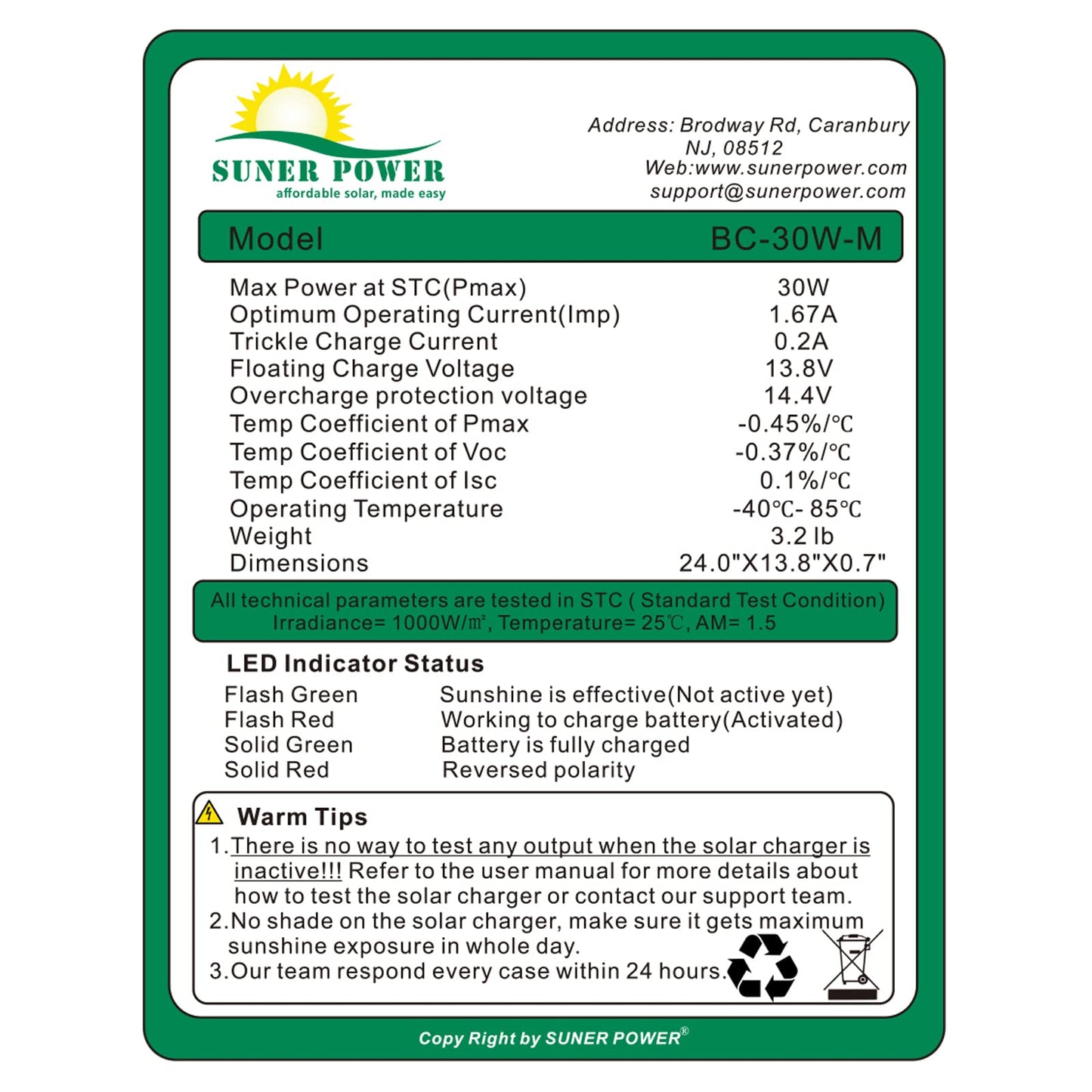 SUNER POWER 30W 12V Solar Battery Charger Maintainer, Built-in Smart MPPT Charge Controller, Adjustable Mount Bracket, Waterproof 30 Watt Solar Panel Kits for Car Automotive Boat Marine RV Trailer