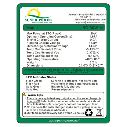 SUNER POWER 30W 12V Solar Battery Charger Maintainer, Built-in Smart MPPT Charge Controller, Adjustable Mount Bracket, Waterproof 30 Watt Solar Panel Kits for Car Automotive Boat Marine RV Trailer