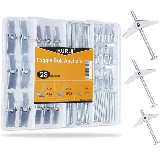 KURUI 28Pcs Heavy Duty Hollow Wall Anchors for Drywall Ceiling, Toggle Bolts and Wing Nut Kit, Metal Drywall Anchors and Screws Assortment Set, 3 Sizes Butterfly Anchors for Hanging 1/8, 3/16, 1/4