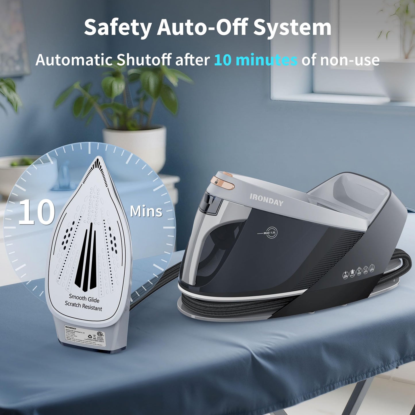 IRONDAY Steam Station for Clothes with LED Screen, 1800W Steam Iron Ceramic Soleplate, Auto Shutoff, Self-clean, Anti-drip, 50.72oz Removable Water Tank Ironing Steamer for Various Fabrics, Blue