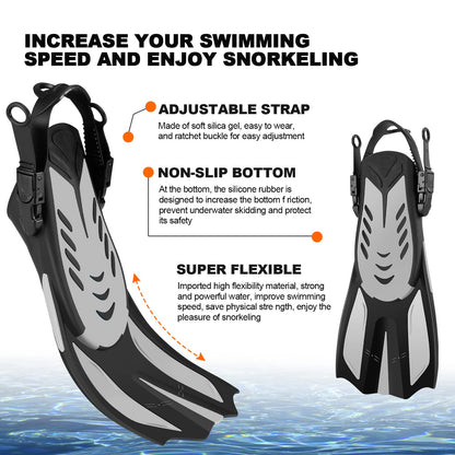Odoland Snorkel Set, Snorkeling Packages with Dry Top Diving Mask, Adjustable Swim Fins, Mesh Bag, Anti-Fog Anti-Leak Snorkeling Gear for Men Women Adult, Black L/XL