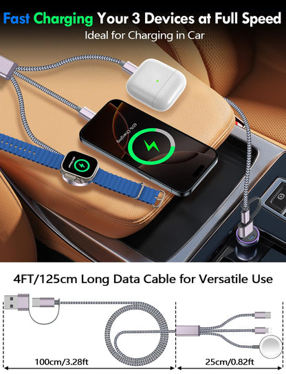 2Pack Multi Fast Charging Cable for Travel Vacation Essentials,Apple Watch Charger,iPhone Charger [3-in-2] USB A/Type C/Lightning Cable for iWatch,iPhone 16-11,Nintendo Switch,Airpods,Car,Camping-4FT