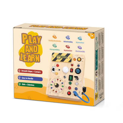 Iabedi Busy Board, Montessori Toy for 1-3 Years Old, Wooden Toddler Sensory Travel Toy, Ideal Gift for 1+ Year Old Boys (Busy Board Plus V2), Medium, Yellow