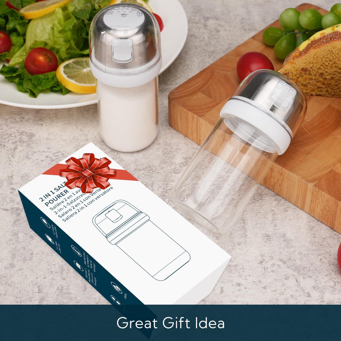 KTCHENDAO 2 in 1 Glass Salt Shaker with Side Pour Spout, Built-in Lid to Slow Down Dampness with Mearsuring Marks, Elegant Borosilicate Glass Salt Dispenser for Kitchen, BPA Free, 4oz (White)