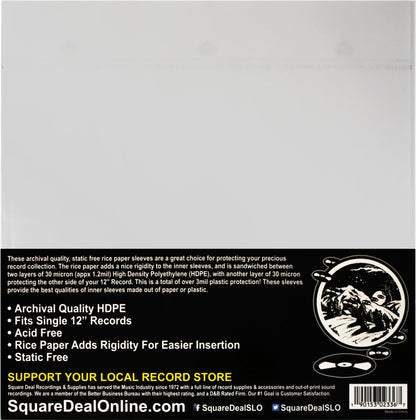 (100) 12" Record Inner Sleeves - 3-Layers of Archival Quality, Anti-Static HDPE with Rice Paper Enclosed Insert for Extra Rigidity #12IM