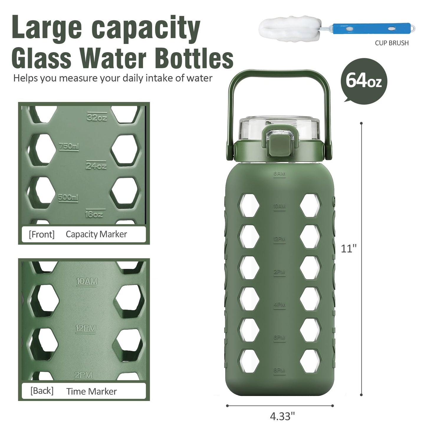 MUKOKO Half Gallon/64 oz Glass Water Bottles with Straw and Lid,Motivational Water Jug with Time Marker Reminder and Silicone Sleeve,100% Leakproof BPA Free Fitness Sports Large Bottle-Olive