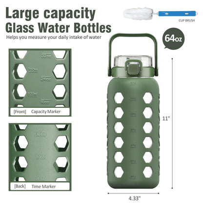 MUKOKO Half Gallon/64 oz Glass Water Bottles with Straw and Lid,Motivational Water Jug with Time Marker Reminder and Silicone Sleeve,100% Leakproof BPA Free Fitness Sports Large Bottle-Olive