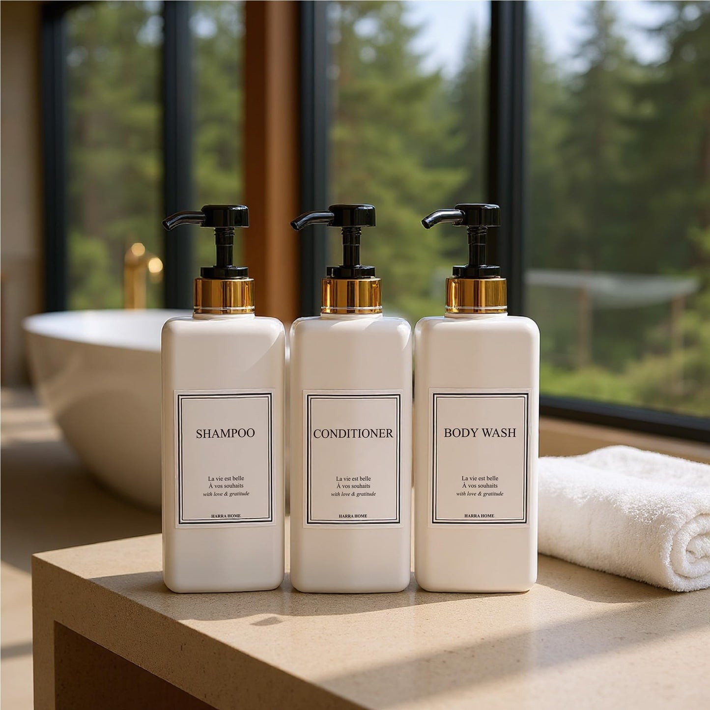 HARRA HOME Modern Gold Design 27 oz Shampoo and Conditioner Dispensers - Plastic Refillable Pump Bottle Set for Bathroom Shower Soap Dispenser, Set of 3 (Black)