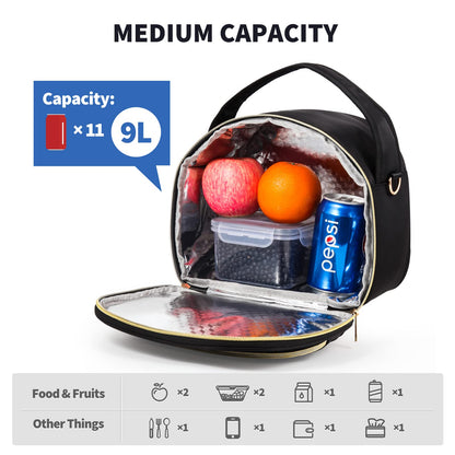 LLEGASTE Black Cute Insulated Lunch Tote Bag for Women Work,Reusable Adult Lunch Box for Women, Stylish Wide Open Cooler Bag for Work(Black)