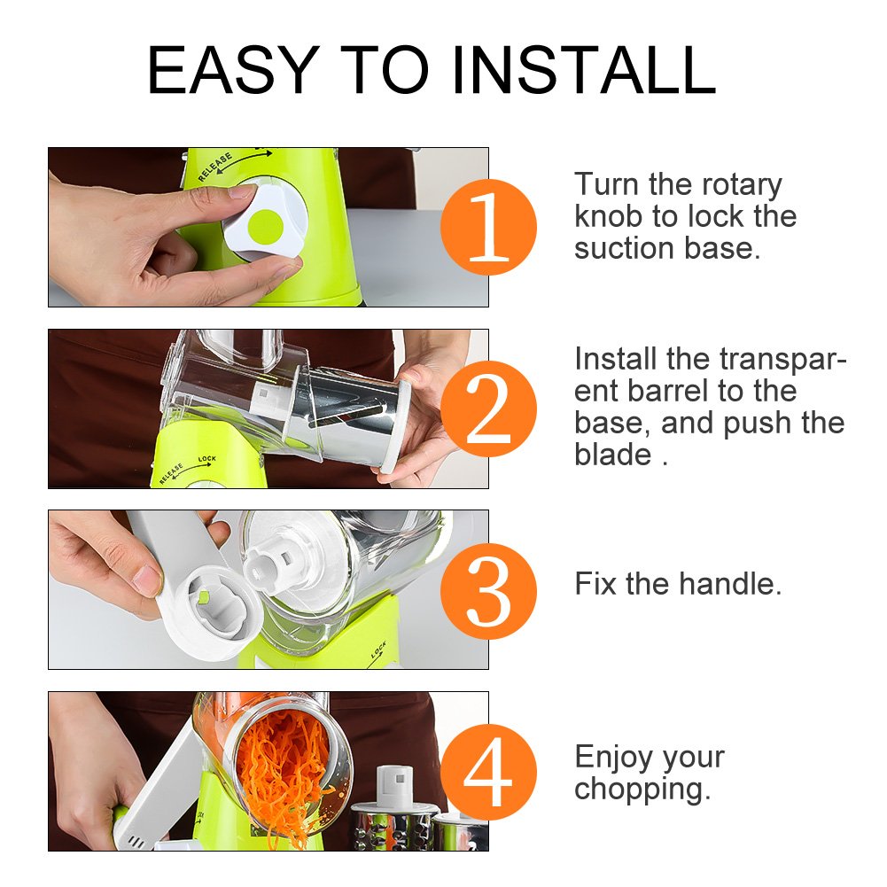 Ourokhome Rotary Cheese Grater Hand Crank, Kitchen Shredder Speed Mandolin Slicer Nut Grinder with Handle and Drum Blades for Cheese, Vegetable, Walnut, Chocolate, Potato, Carrot, 3 Blades, Green