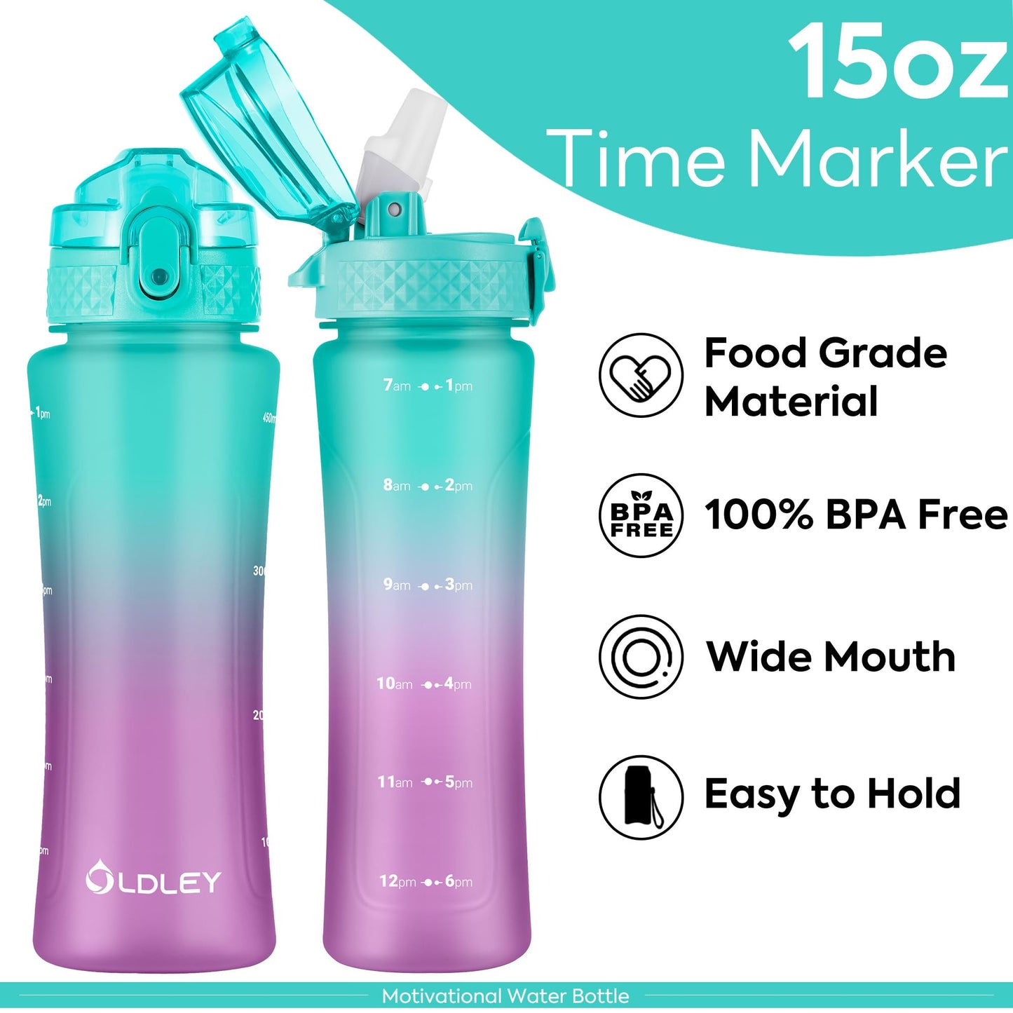 OLDLEY Kids Water Bottle with Straw 15 oz BPA-Free Leak-Proof Motivational Water Bottles with Time Marker for School Sports Travel Gym, Easy to Use for Girls Goys, 1 Straw Lid, Mint Purple