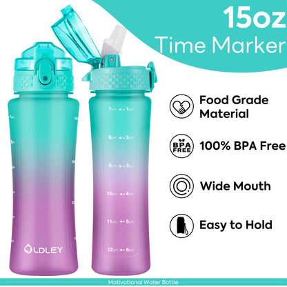 OLDLEY Kids Water Bottle with Straw 15 oz BPA-Free Leak-Proof Motivational Water Bottles with Time Marker for School Sports Travel Gym, Easy to Use for Girls Goys, 1 Straw Lid, Mint Purple