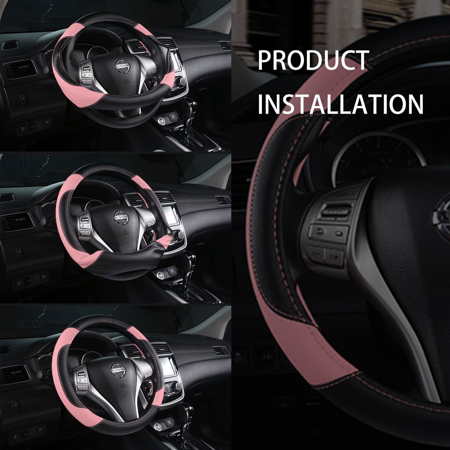 Leather Car Steering Wheel Cover, Non-Slip Car Wheel Cover Protector Breathable Microfiber Leather Universal Fit for Most Cars(Pink)