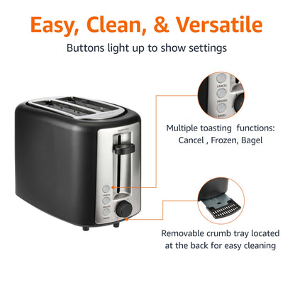 Amazon Basics 2 Slice Toaster, With 6 Browning Settings, Extra Wide Slots For Bagels and Special Breads, Removable Easy-to-Clean Crumb Tray, Cancel/Defrost/Bagel Buttons, 900W, Black & Silver