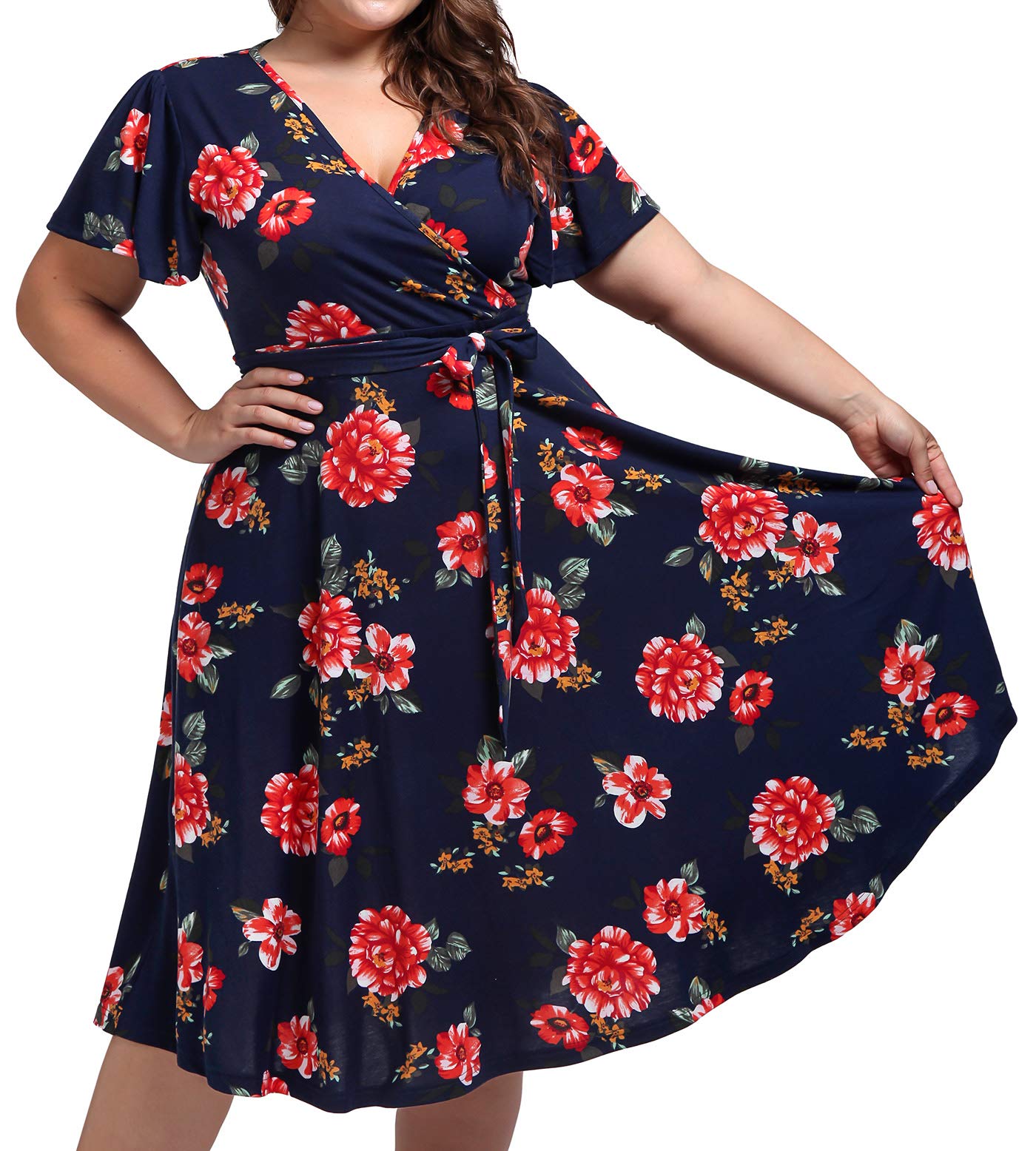 kissmay Plus Size Cocktail Dresses, Plus Size Fit and Flare Dresses for Women Slim Fitting Elasticity Clothing Ruched Flows Sweet Dress for Casual Short-Sleeve 1950s Lavender Dress Navy Red 20W