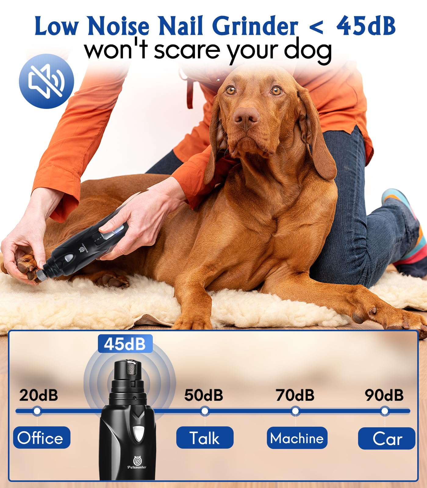 Petsaunter Dog Nail Grinder, 3 Grinding Heads, 2-Speed, LED Light, Touch-Switch, Quiet, Low-Vibration, Dog Nail Trimmers for Large, Medium, Small Dogs & Cats with Hard/Thick Nails (U-Dark Blue)