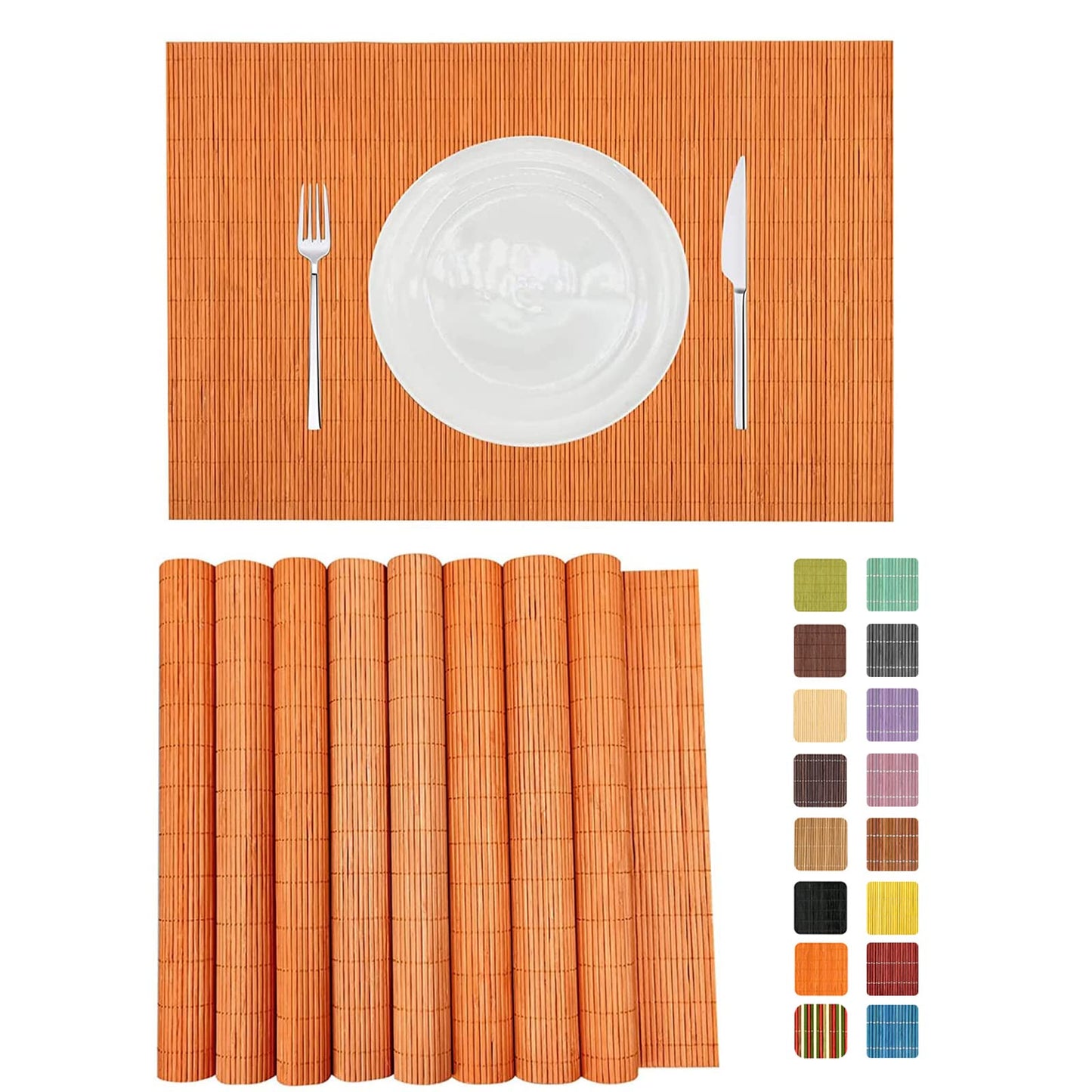 ANDSTAR Non-Slip Waterproof Placemats Set of 6 - Reusable Wipeable Table Mats for Dining Table, Kitchen, Outdoor Picnic, 12x18 Inch PVC Backed Heat Resistant Place Mats Dishwasher Safe（Orange）