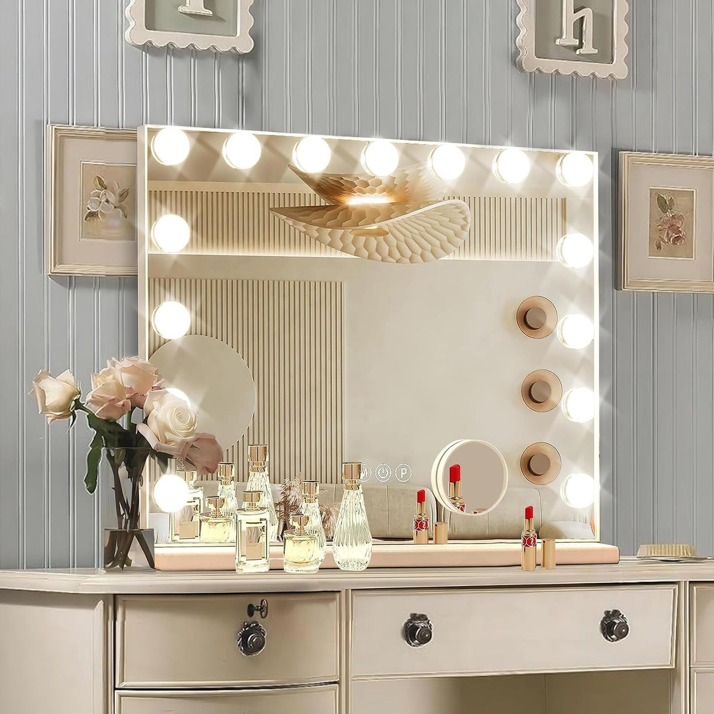 Ratsamee Hollywood Vanity Mirror with Lights, 15 Dimmable Bulbs, 3 Color Lights,Make Up Lighted Mirror, Aluminum Metal Frame, USB Charging Port（23" x 18"）