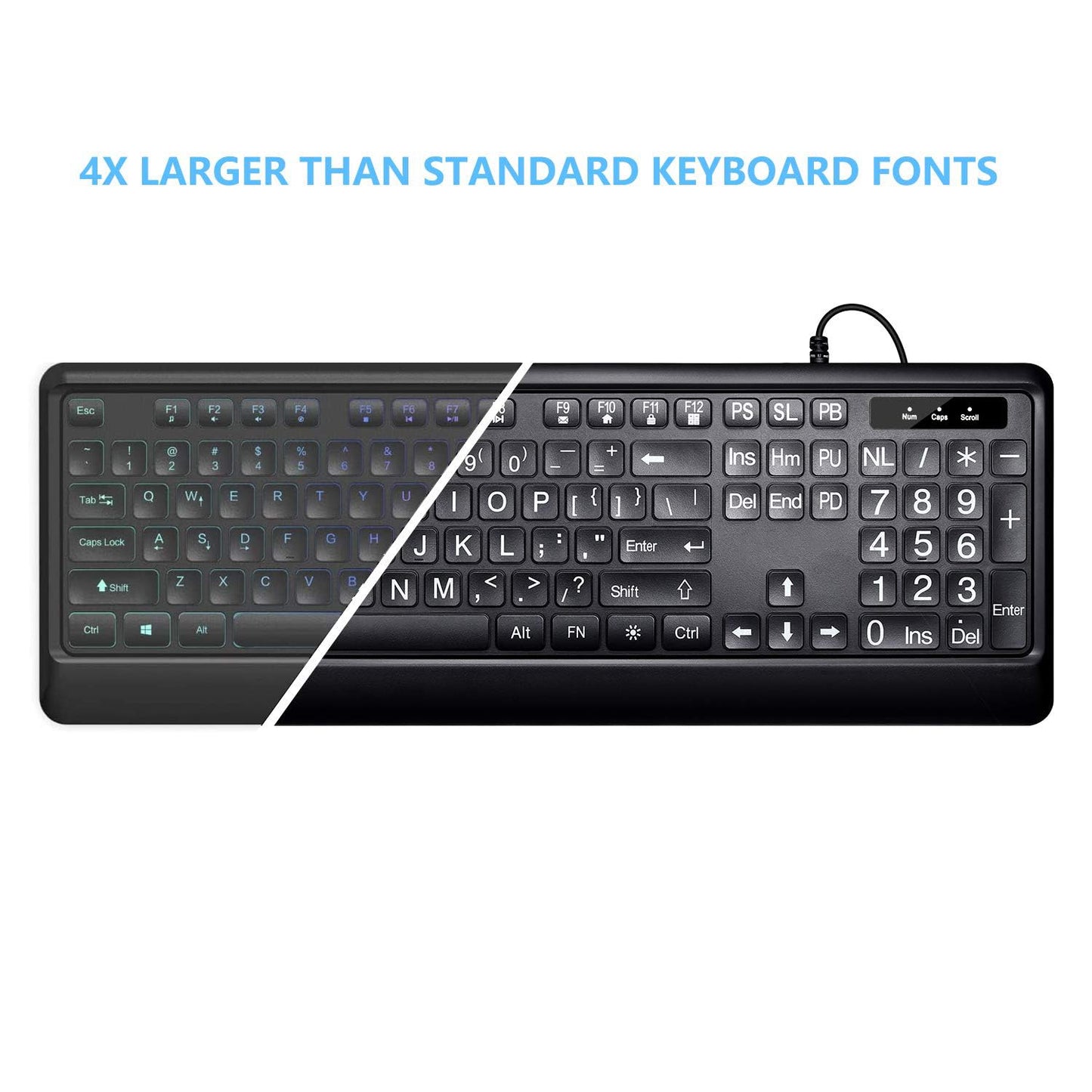 KOPJIPPOM Large Print Backlit Keyboard, USB Wired Computer Keyboard, Full Size Keyboard with White Illuminated LED Compatible for Windows Desktop, Laptop, PC, Gaming, Black