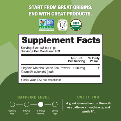 FGO Organic Matcha Green Tea Powder, Japanese Culinary Grade for Cooking, Baking, and Smoothies, 4 Ounce, Resealable Bag, Packaging May Vary (Pack of 1)