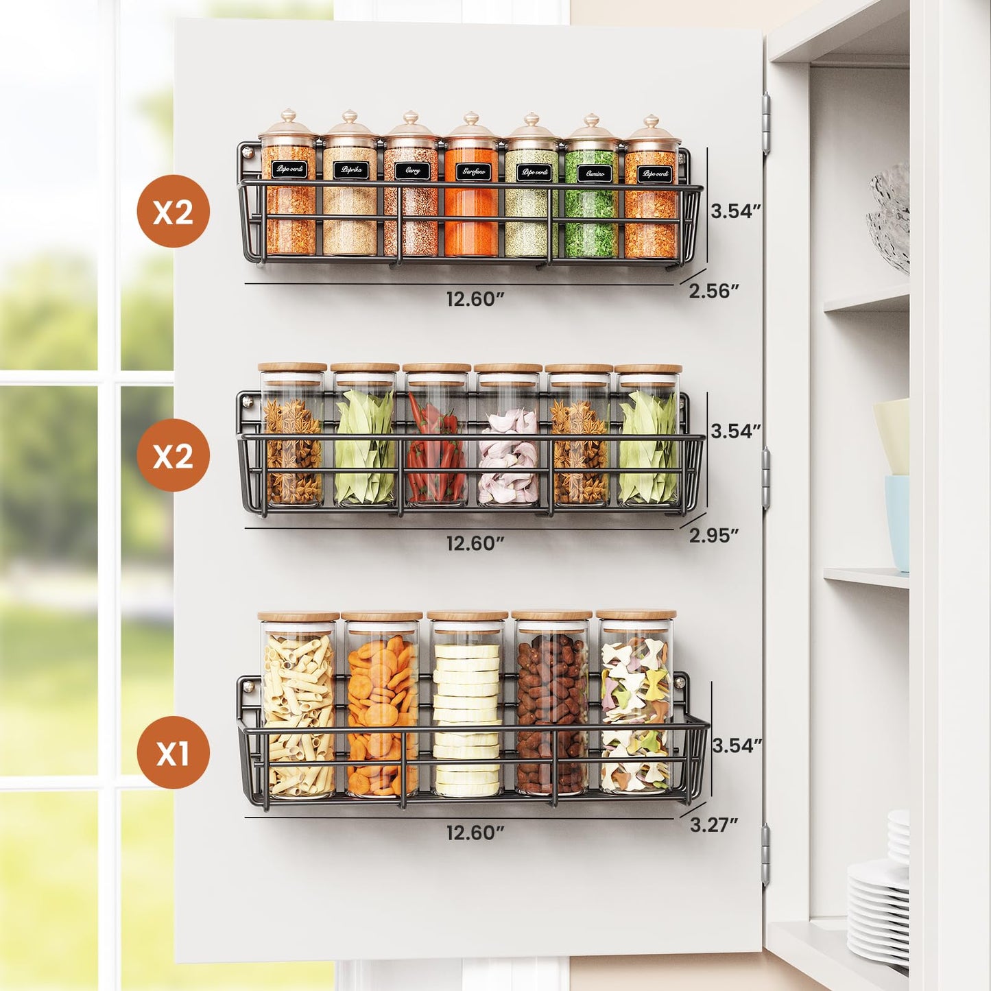 Mystozer 5 Pack Spice Rack Seasoning Organizer Wall Mount, Screw or Adhesive Hanging Shelf Basket Spice Organizer Shelf for Kitchen, Black