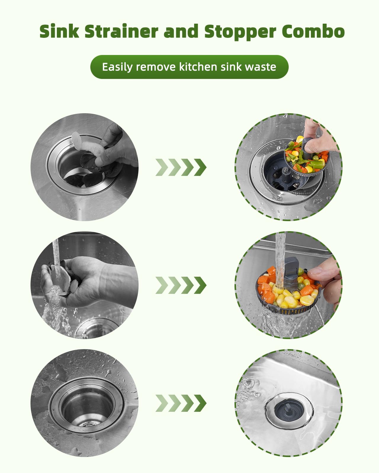 Hygie Rinse 3-in-1 Kitchen Sink Strainer Stopper, 2PCS Universal Pop Up Sink Drainer with Upgrade Folded Handle, for US Standard 3-1/2 inch Drain Filter, Chrome Stainless-wraped Shell, Anti-clog