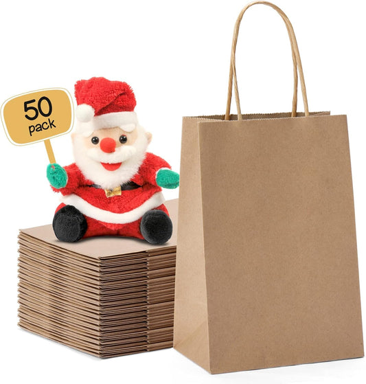 METRONIC Paper Gift Bags 5.25x3.75x8 50Pcs, Christmas Gift Wrap Bags with Handles, Brown Kraft Paper Bag for Small Business, Bulk Party Favors Bag for Birthday, Shopping, Retail, Made in USA