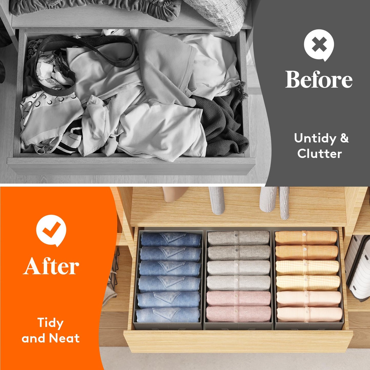 Lifewit Wardrobe Clothes Organizer 6 Pack, Large Size 6 Grids Closet Jean Storage Bins with Handles and Support Boards, Foldable Drawer Dividers for Sweater, Pants, T-shirt, Hoodie, Dress, Grey