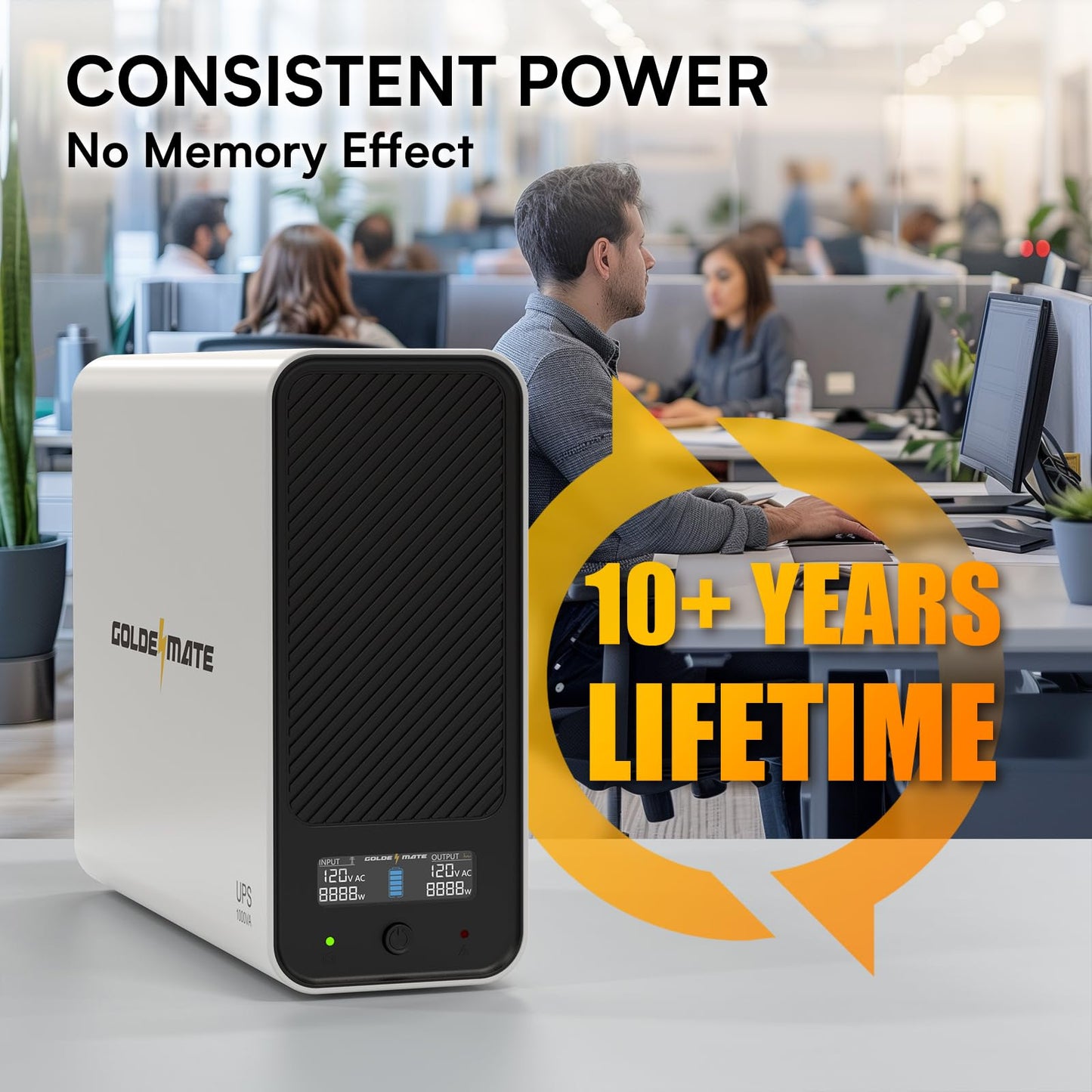 GOLDENMATE 1000VA/800W Lithium UPS Battery Backup and Surge Protector, Backup Battery Power Supply with LiFePO4 Batteries(230.4 Wh), Sinewave UPS System, 10 Years Lifespan, 8 Outlets, LCD Display