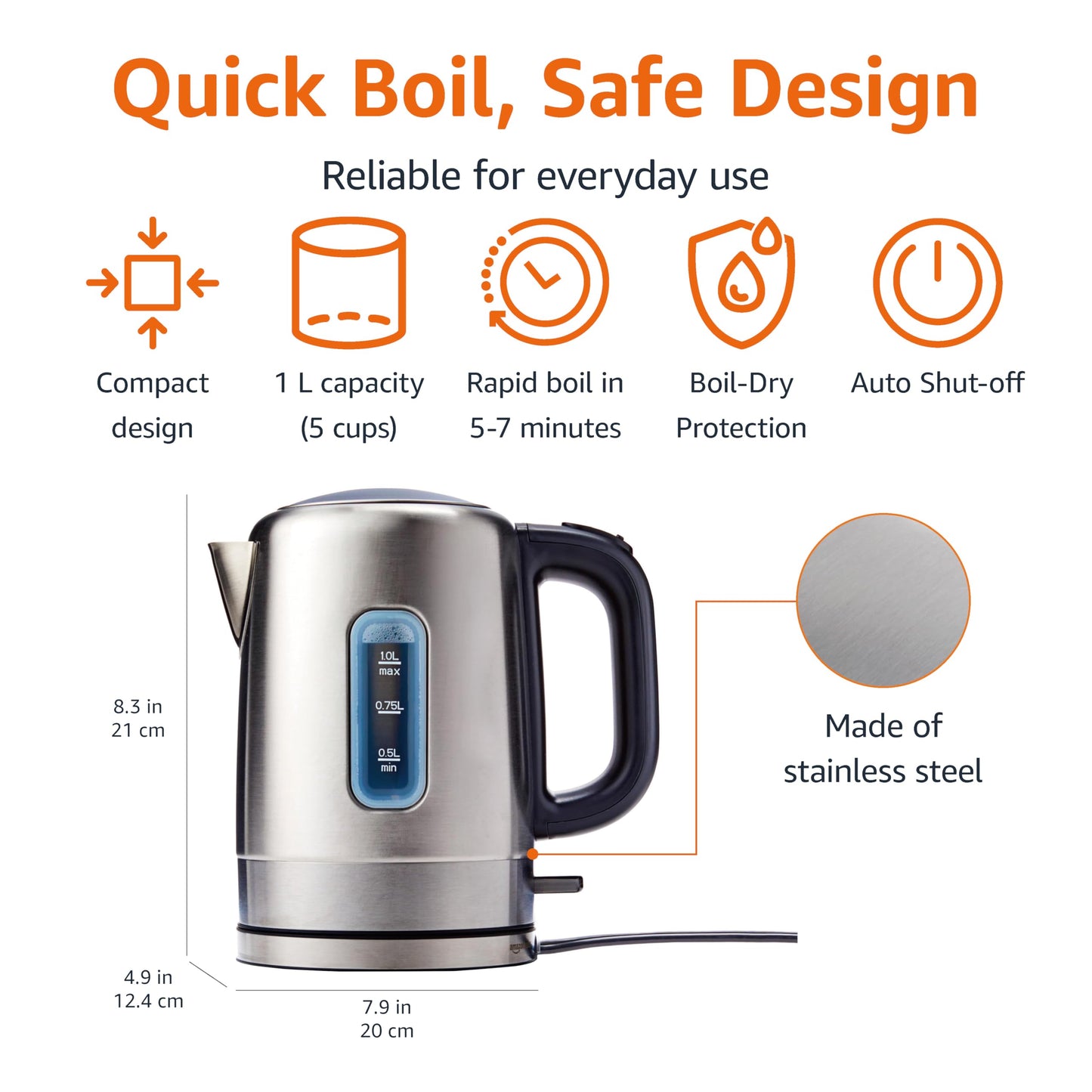Amazon Basics Electric Stainless Steel Kettle for Tea and Coffee, BPA-Free, Fast Boiling, Auto Shut-Off, 1.1 Quarts, 1500W, Black and Silver
